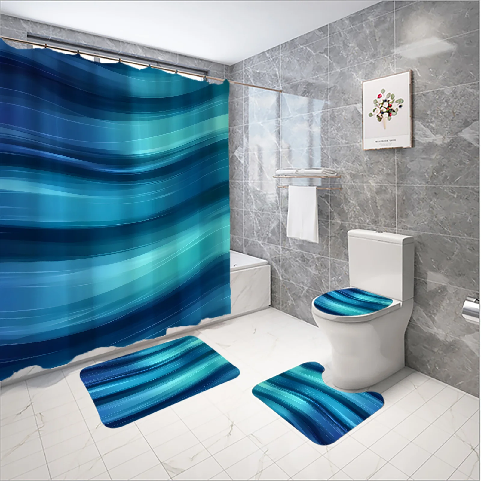 

4 шт., набор занавесок для душа с рисунком океанского ритма и рябью, декоративная занавеска для ванной комнаты, чехол на сиденье унитаза, коврик для ванной, водонепроницаемый