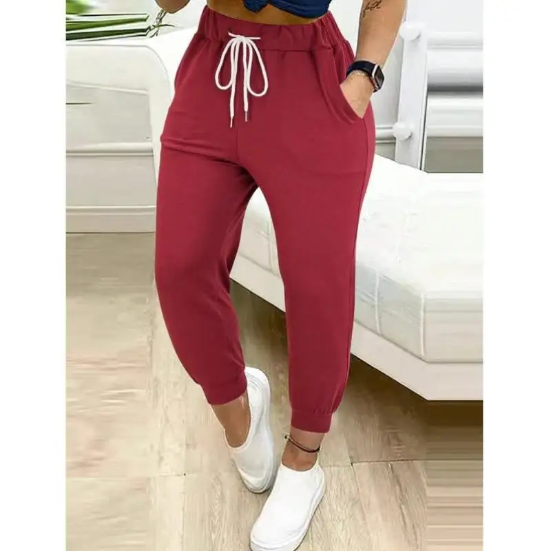 

Women's Casual Pure Color Dstring orts Bots Sle Ciwalk Vintage Nine-Piece Pants Elastic Micro Stretch Tee-Vinyl Fiber