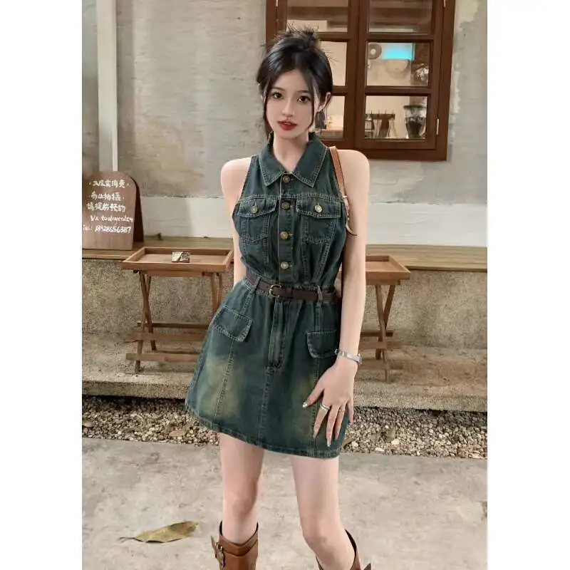 

Flip Collar Sleeveless Denim Vest Dress For Women In Spring 2025, Waist Cinching And Slimming Effect Short Dress