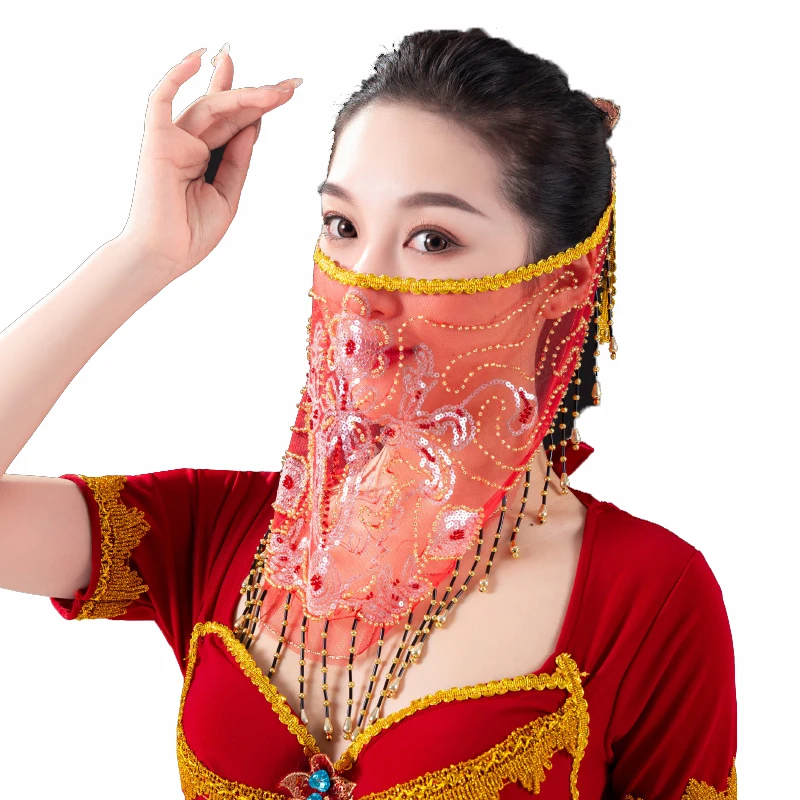 ผู้หญิง Belly Dance Tribal Face Veil Bollywood Face Veil ลูกปัด Masquerade หน้ากากอินเดียเต้นรําอุปกรณ์เสริม Face Veil คําเจ้าหญิง