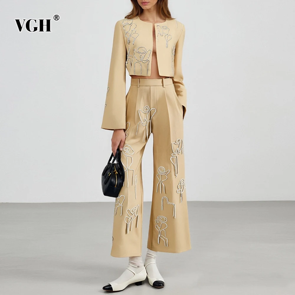 

VGH Spliced Embroidery Casual Solid Two Piece Sets For Women Round Neck Long Sleeve Top High Waist Pants Chic Set Female Style