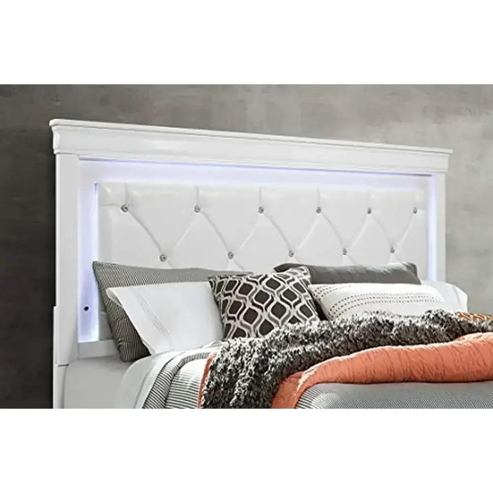 Cama contemporánea iluminada por LED de tamaño completo con cabecera capitoné, 2 cajones de almacenamiento, marco de tela de madera blanca, límite de peso de 500 lb