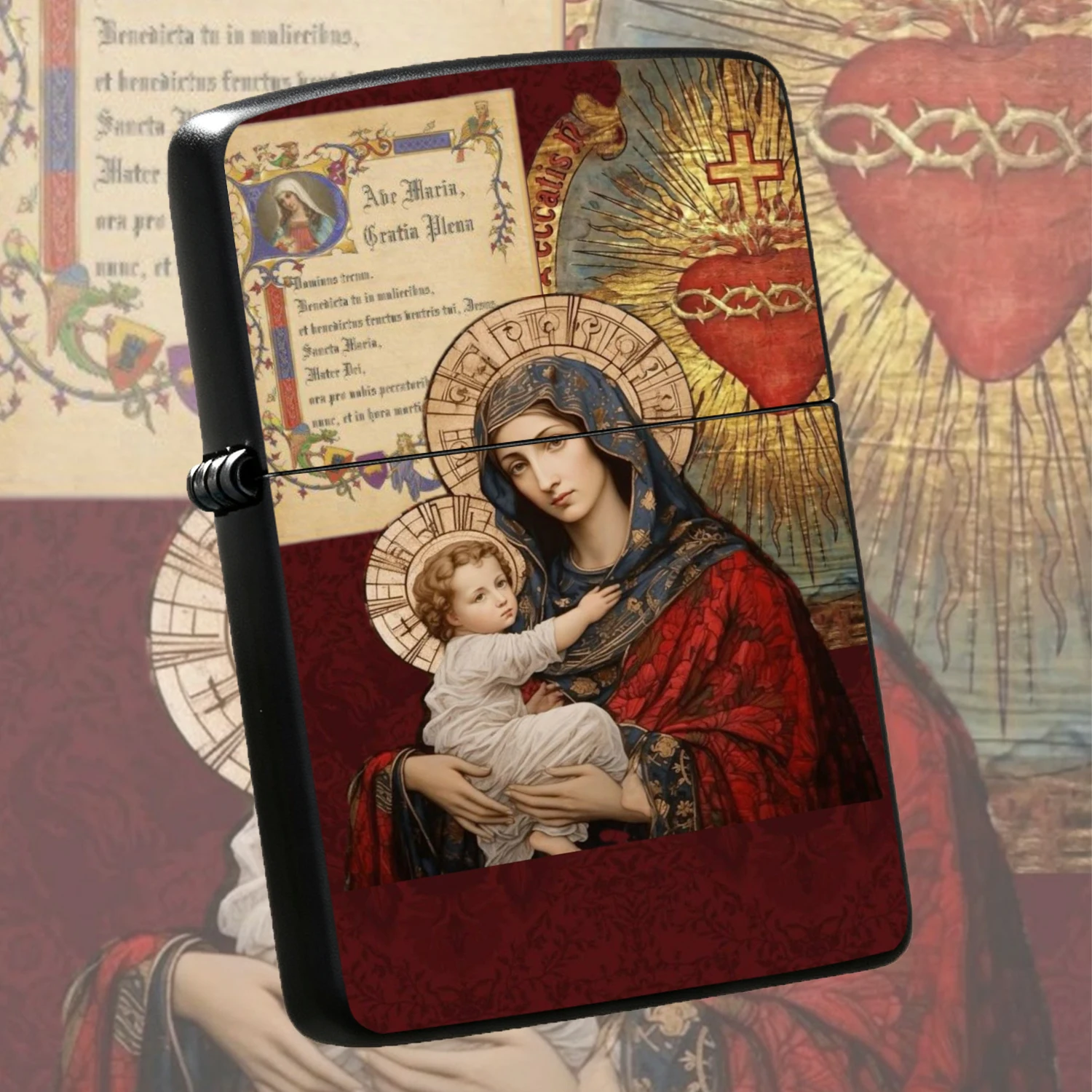 Vintage Religious Theme Windproof Lighter, Printed with Virgin Mary Holding Child, Sacred Heart Pattern & Latin Ave Maria Text, Decorative Collectible Present for Devotees, Daily Use for Lighting Cigarettes, Home Desktop Ornament Gift A F