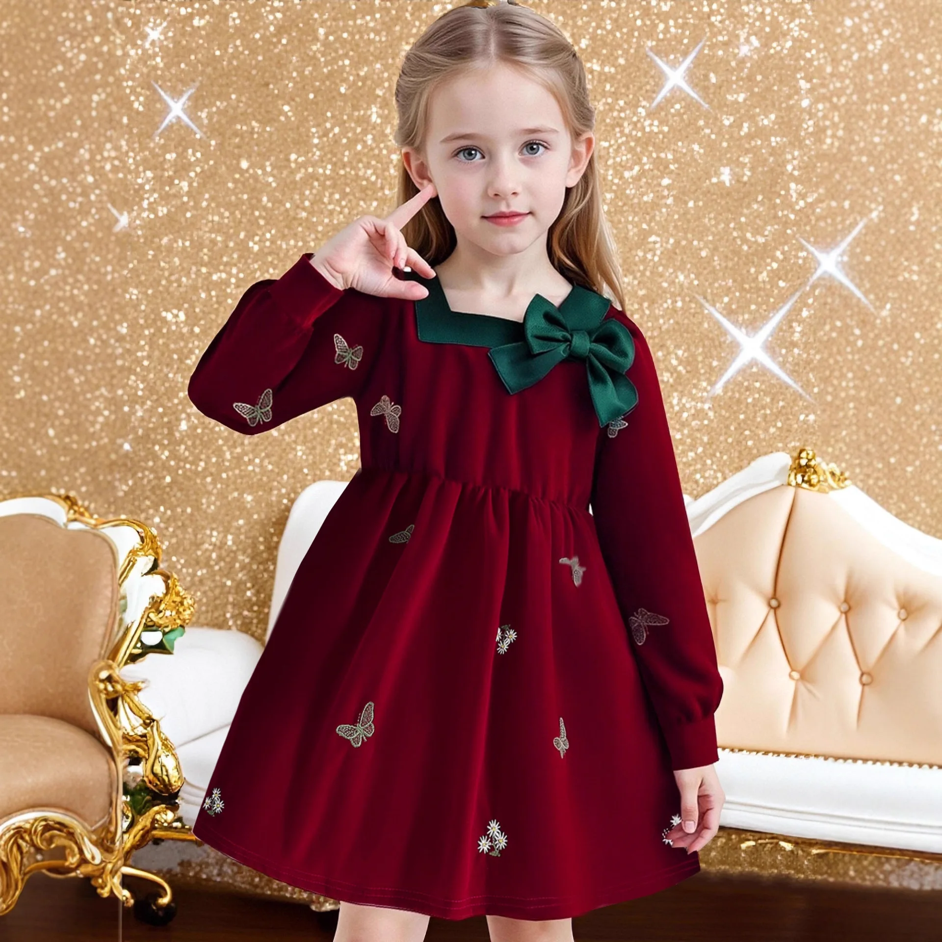 Sweet Three-dimensional Bow with Dynamic Embroidery Embellishing Long Sleeved Dress, Girls' Spring and Autumn Christmas Party