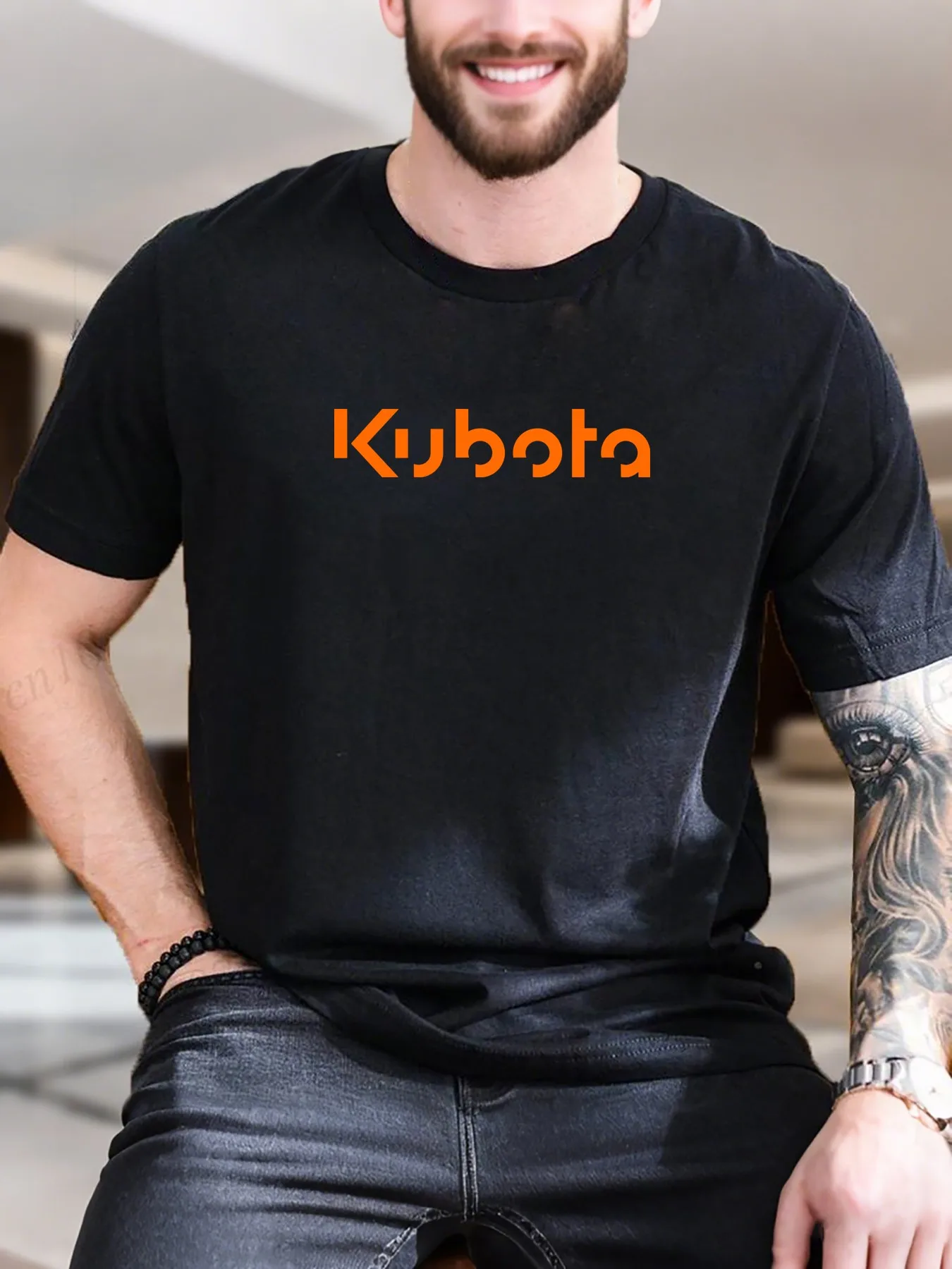 

New Arrival Fashion Men's Printed Short Sleeve T-Shirt 100% Cotton Breathable Tee with Orange Square White Background Black Border