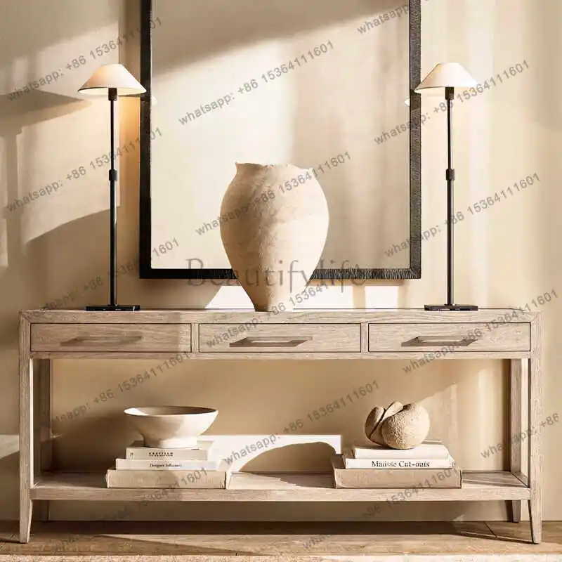 

American rural solid wood porch table minimalist foyer retro light luxury shelves