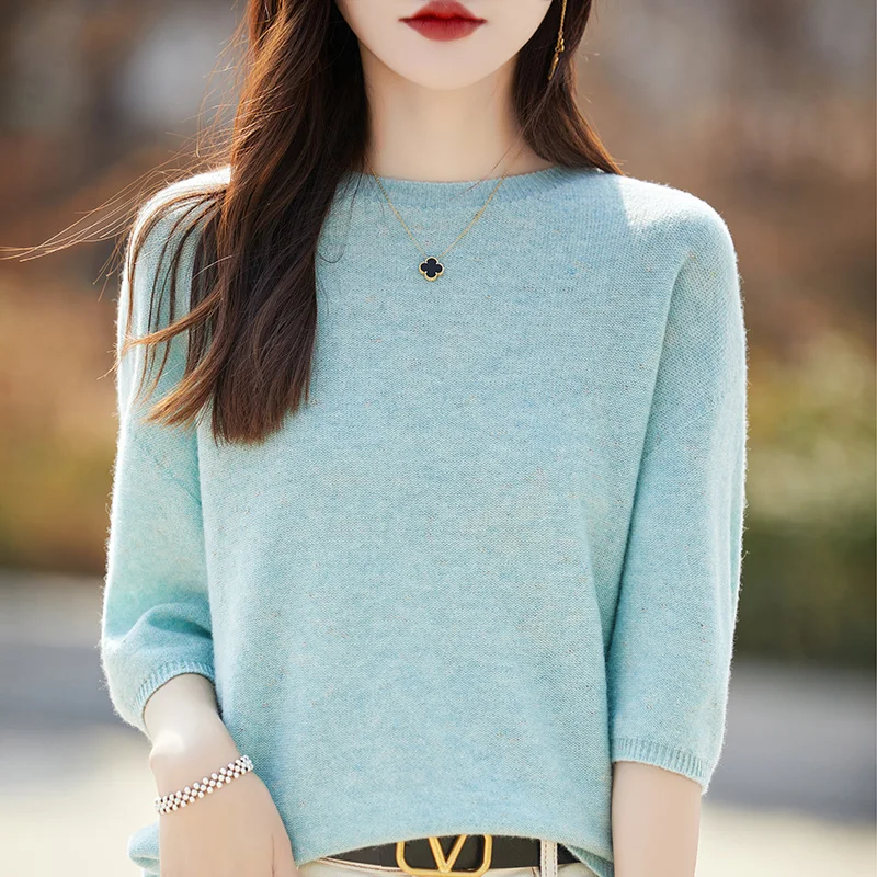 2024 Spring/Summer Pure Wool Cashmere Sweater Women\'s First Line Round Neck Gold Bean Knitted Short Sleeve Loose Soft T-Shirt