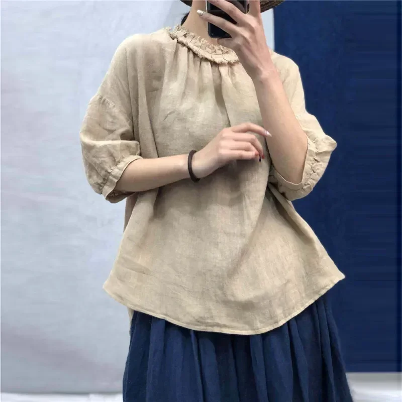 

New Vintage Solid Color Linen Ruffles Half Sleeve Womens Tops And Blouses 2024 Summer Loose Casual Female Shirts