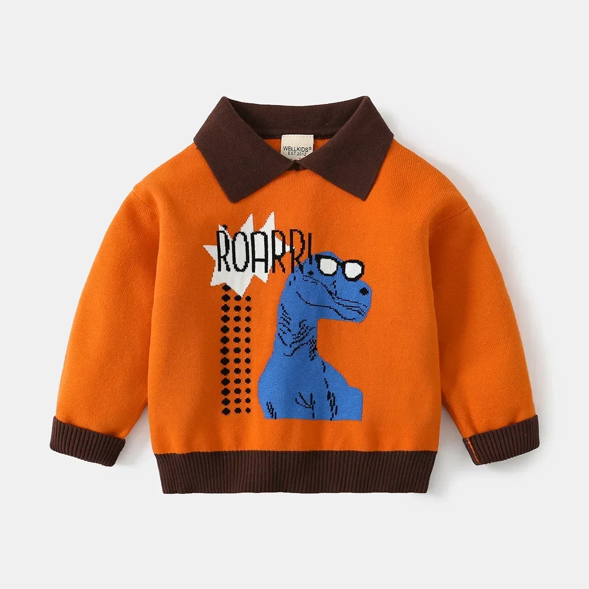 

New 2025 Spring Autumn Boys Fashion Cartoon Dinosaur Lapel Pullover Knitted Sweater Child Casual Sweaters Knitwear Clothing