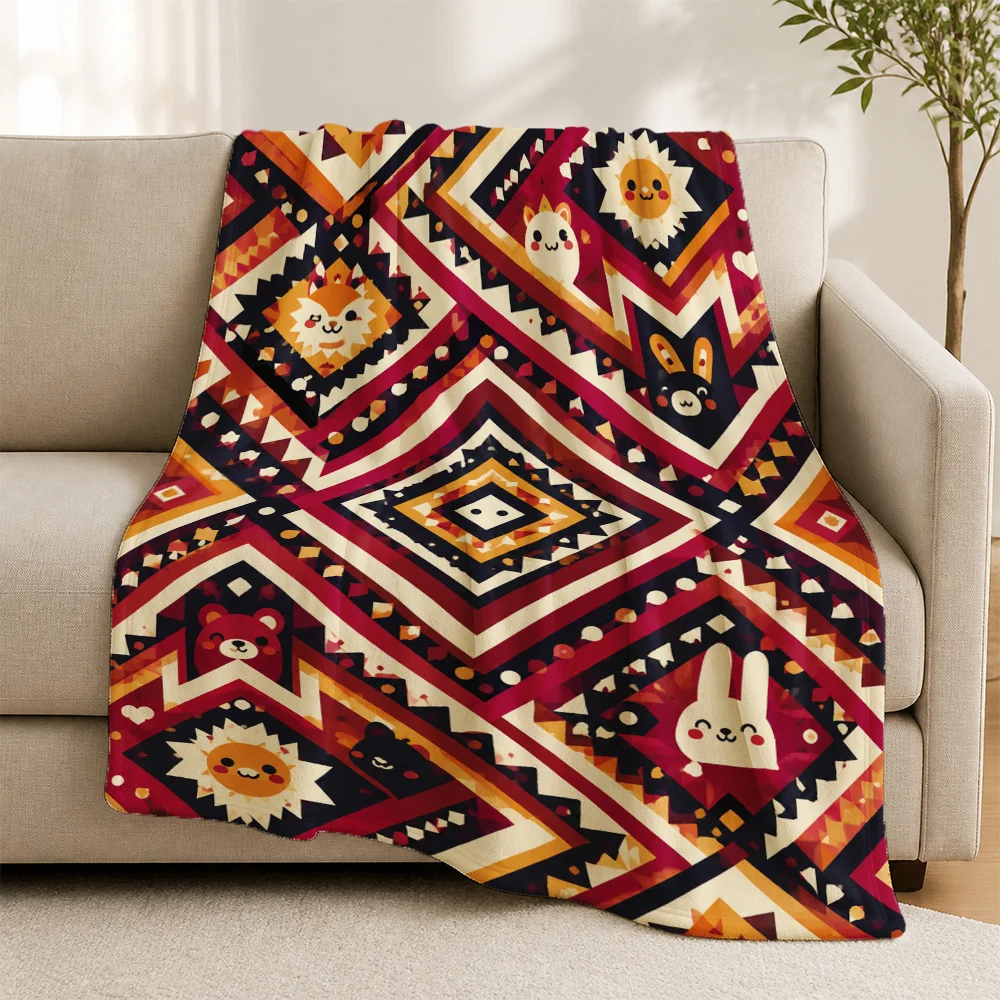 Vibrant Boho Geometric Animal Pattern Throw Blanket for Sofa Couch Decorative Living Room Nursery Kids Playroom Decor Gift