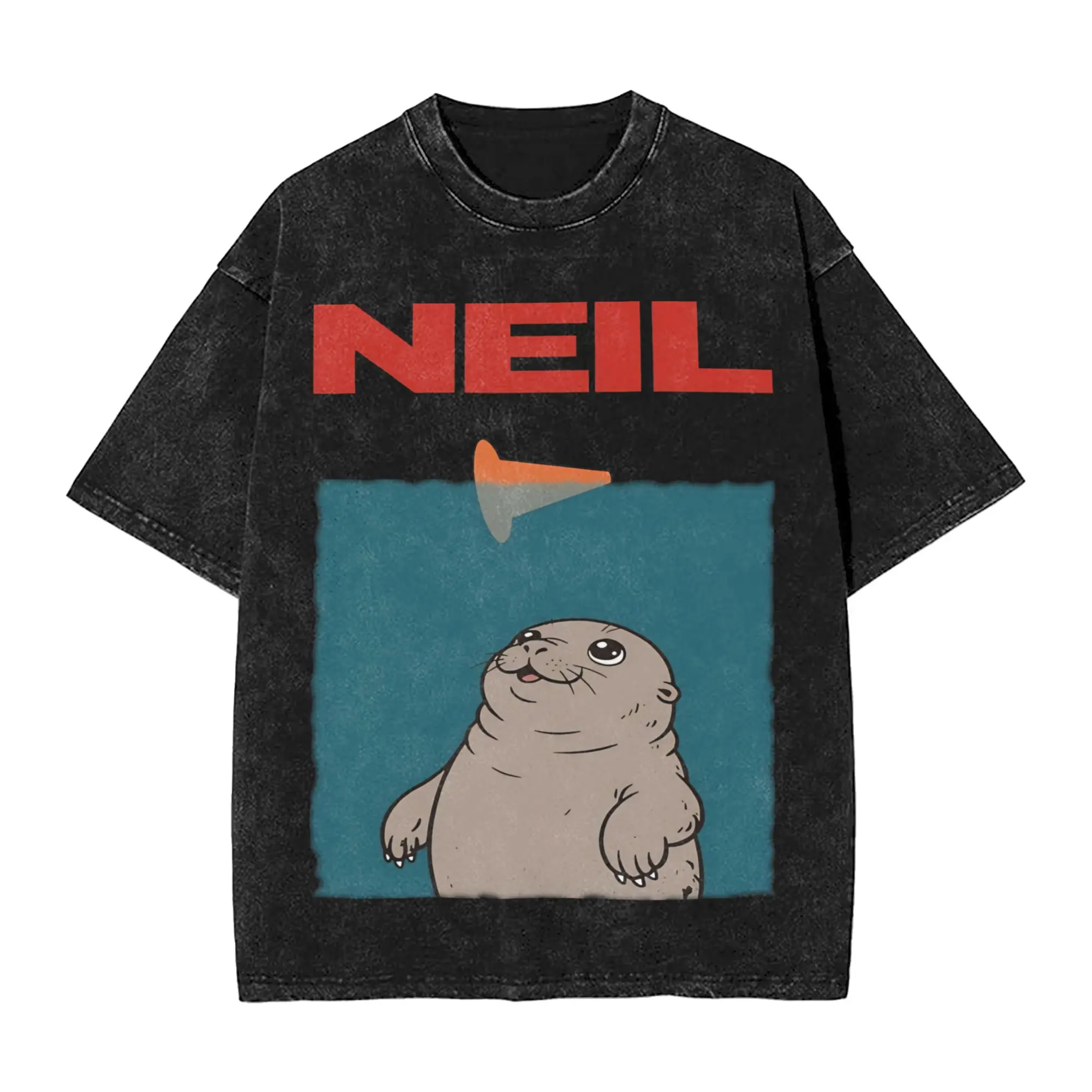 Washed T Shirt Neil The Seal Kawaii Hip Hop Retro T-Shirts Harajuku  Streetwear 100% Cotton Graphic Tops Tee Shirt Men Women
