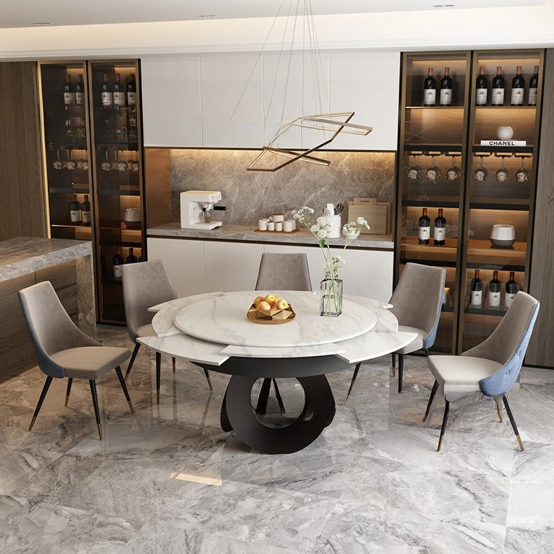 Meja makan mewah bergaya Italia, pelat batu berkualitas tinggi, apartemen kecil dapat diputar dan ditarik, dapat diperbesar