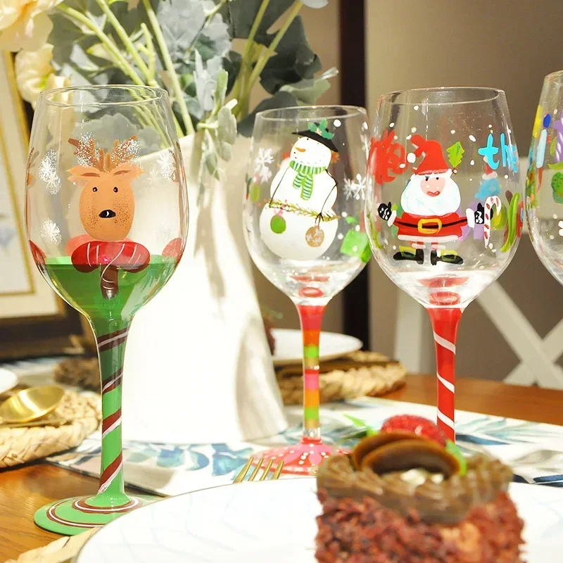 

16oz Christmas Goblet Wine Glass Cup Creative Hand Painted Graffiti Xmas Stockings Snows Reindeer Drinking Cups Christmas Gift