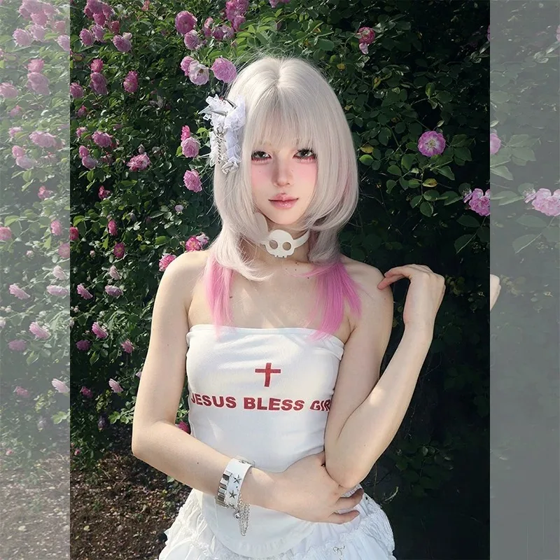 High Layered Long Straight Wig Pink Peach Soda Color Heat‑Resistant Synthetic Full Wig for Girls Party Anime Cosplay Daily Use