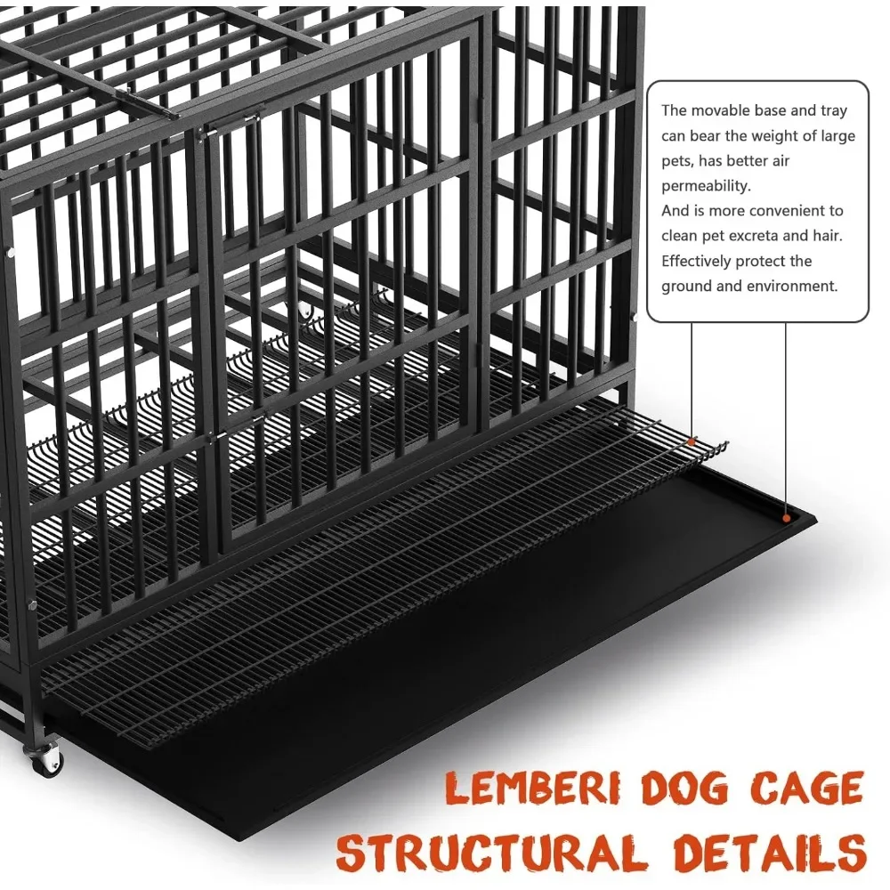 48/38 inch Heavy Duty Indestructible Dog Crate, Escape Proof Dog Cage Kennel with Lockable Wheels, High Double Door, Kennels