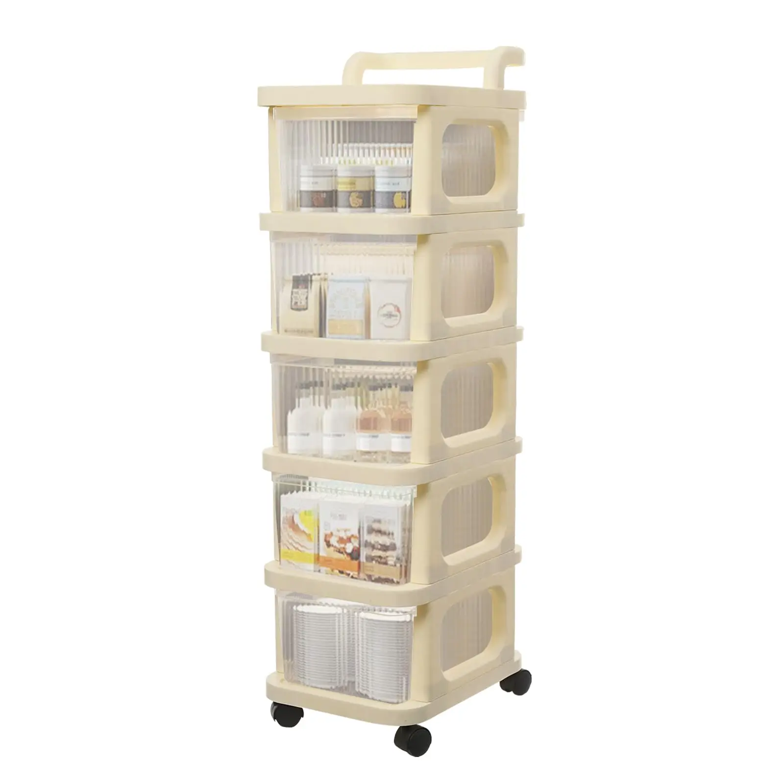 

5-层 Plastic Storage Cart with Drawers and Wheels, Rolling Storage Cabinet with Top Stoarge and Handle for Living Room, Bedroom,