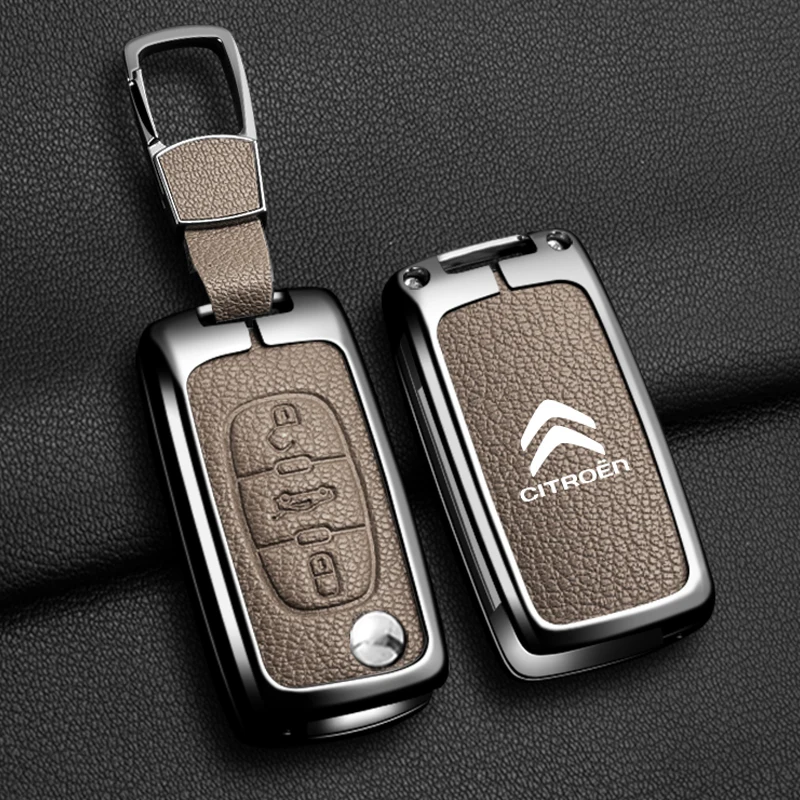 Metal couro carro flip remoto chave caso capa protetor escudo fob chaveiro para citroen c2 c3 c4 c5 c6 c8 xsara picasso berlingo