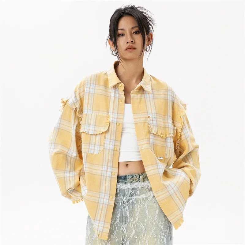 Elegant Women's Blouses 2024 Autumn 100 Cotton Yellow Plaid Shirts for Women Ladies Clothes in Offers Women's Long Sleeve Top