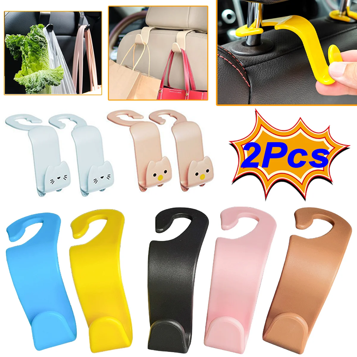 

2Pcs Newest Car Seat Back Hooks Cute Colorful Storage Hook Universal Vehicle Organizer Multifunctional Car Accessories
