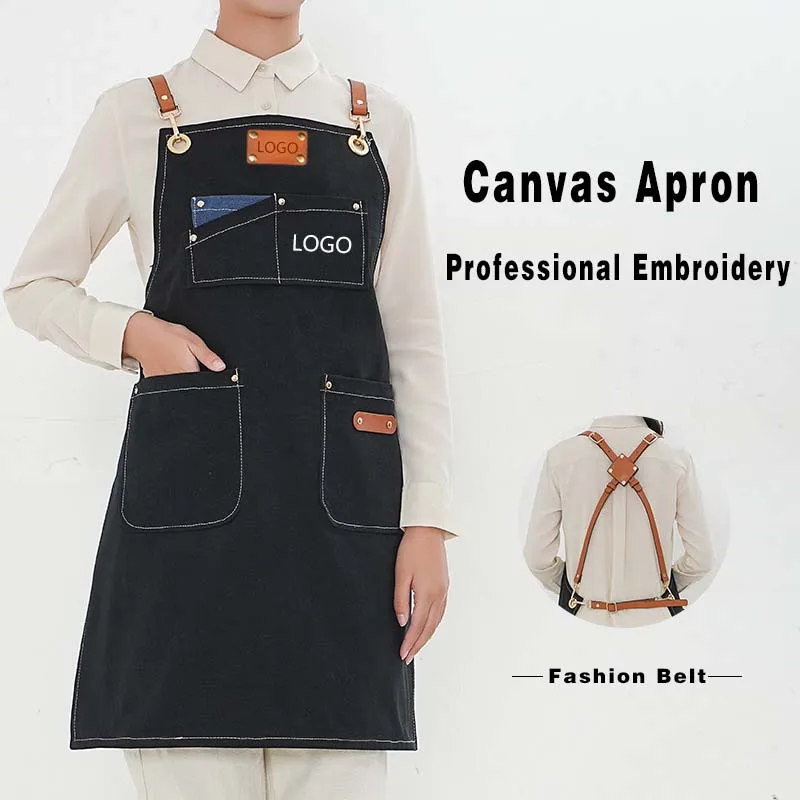 

Professional Customized LOGO Printed Apron Barista Jeans Waterproof Apron Restaurant Tea Cake Baking Canvas Overalls Apron