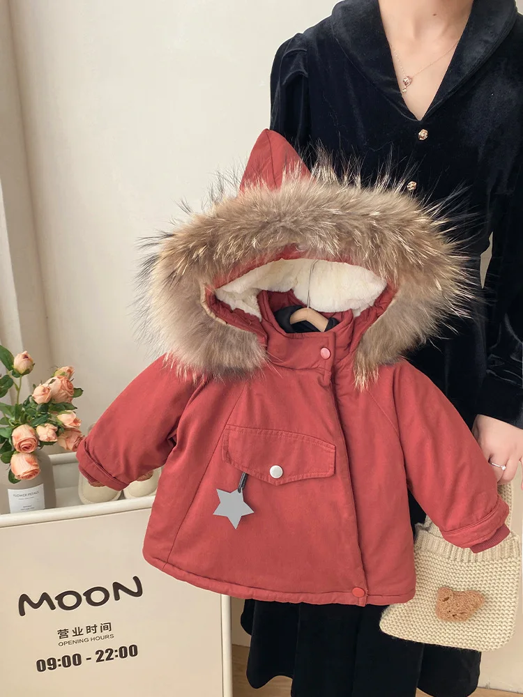 1-6 Year Old Children's Unique Triangular Hooded Cotton Jacket 2023 Winter Star Pendant High Collar Plush Thick Windproof Coat