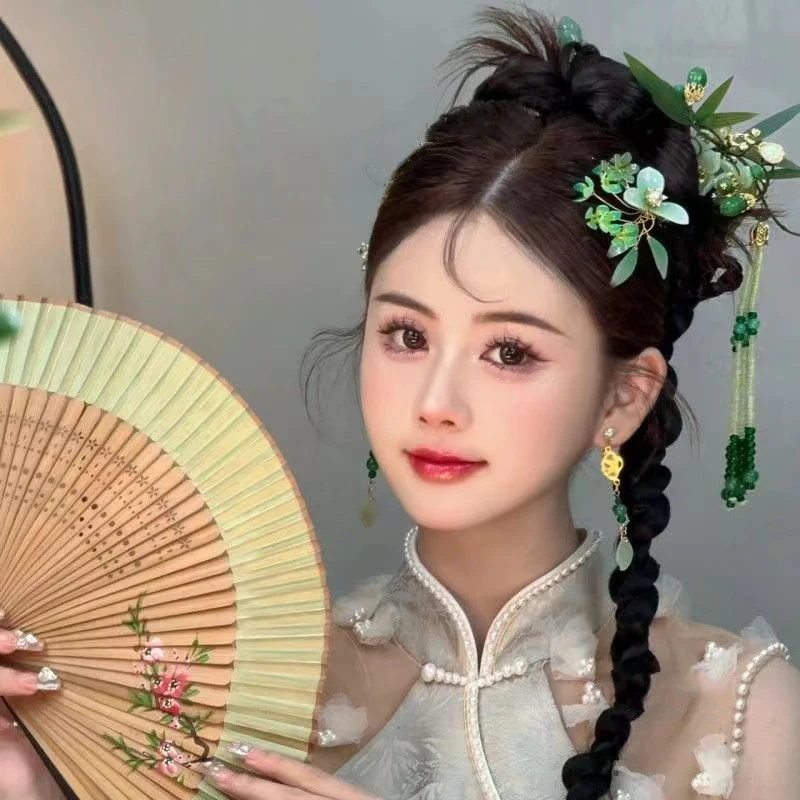 HIMSTORY Chinese Hair Clips Girls Hanfu Hair Accessories Green Bamboo Leaf  Hairpin  Headpiece Ancient Party Hairwear Set