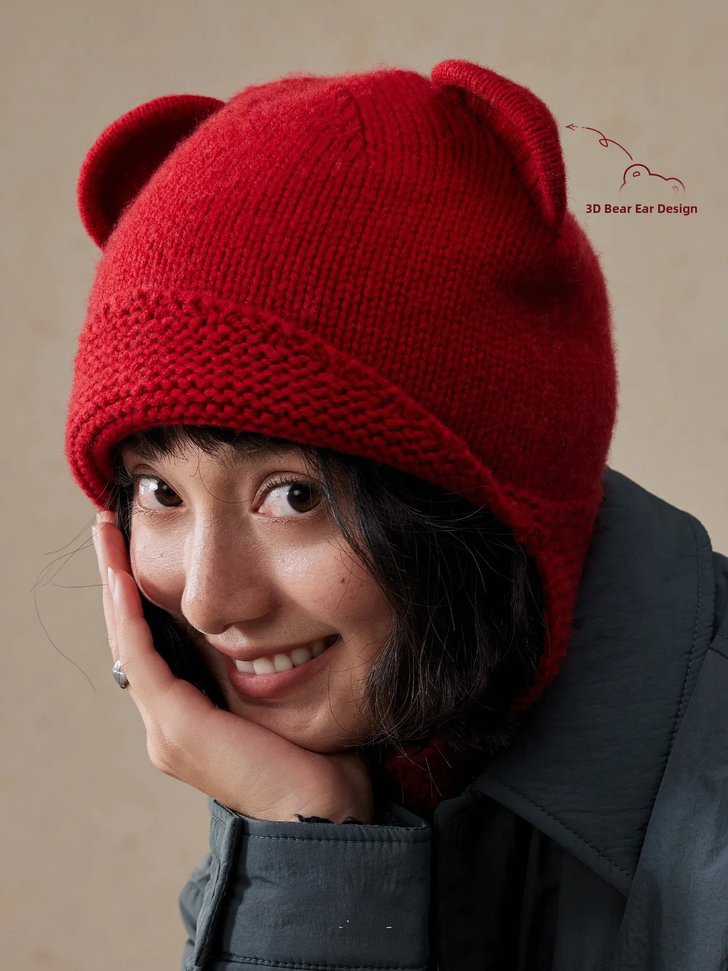 New Year Red Bear Hat Pure Wool Knitted Scarf Hat Women's Winter Warm Neck Protection Baroque Cap Sweet Cute Style Foldable