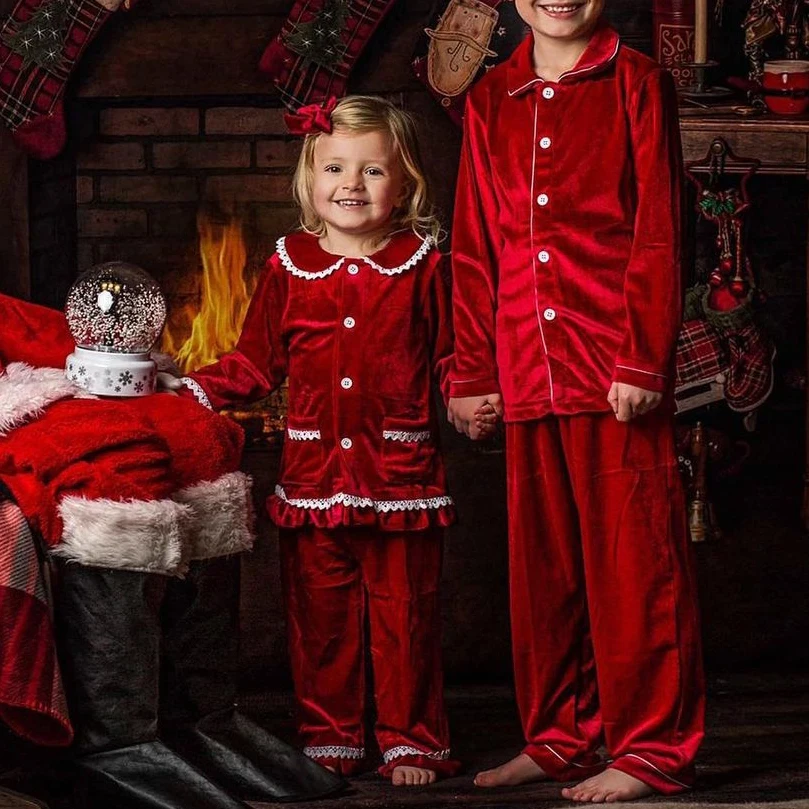 2026 New Arrivals Red Night Gown Pajamas Children's Clothing Warm Velvet Sleepwear Baby Girls Boys Long Sleeve Kids Outfits