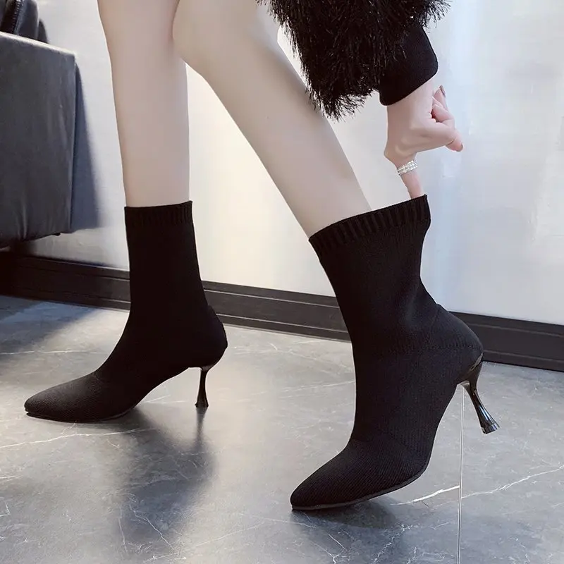 Socks Short Boots Women High Quality Solid Knitting Boots Stretch Sock Mid-calf Botas Party High Heels Sexy Ankle Boots Women