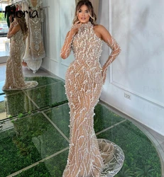 Bride Nude Champagne Evening Dress Full Ivroy Pearls Long Mermaid Wedding Party Gowns for Women Elegant Cocktail Night Gowns