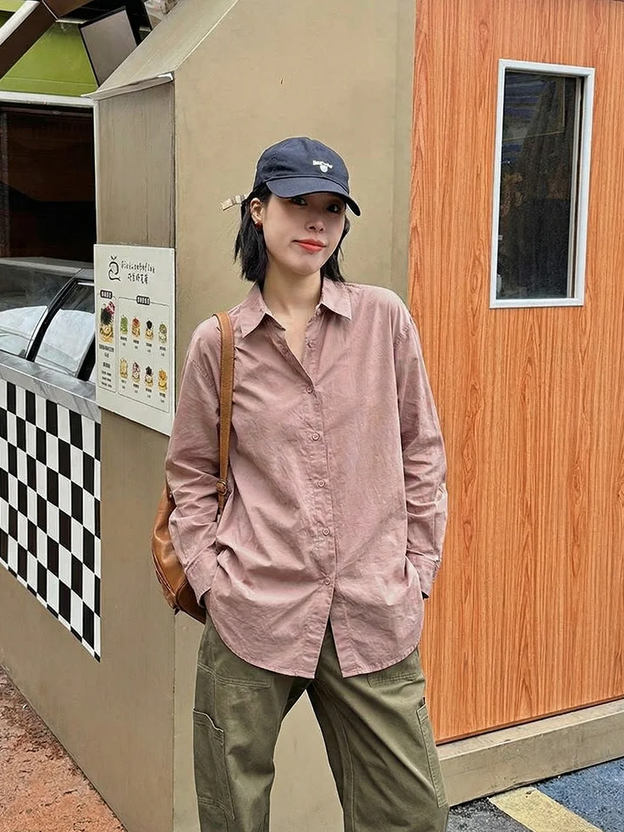 

Pink Long Sleeve Shirt Women's Commute Style Cotton Pure Beige Shoulder Design Spring New Inner Wear Top Buttoned Cardigan