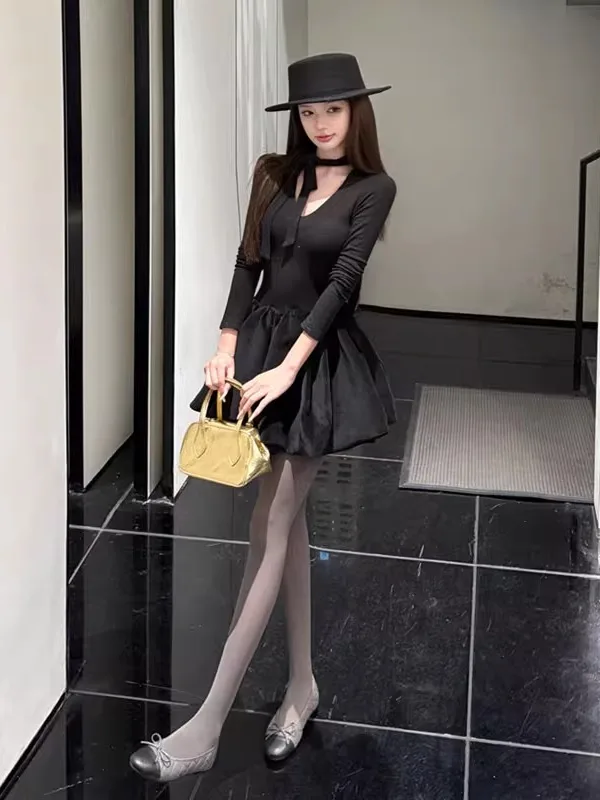 

Корейское элегантное черное платье с V-образным вырезом и пышными рукавами, уникальное, нежное, модное, весеннее, повседневное, для работы и поездок на работу