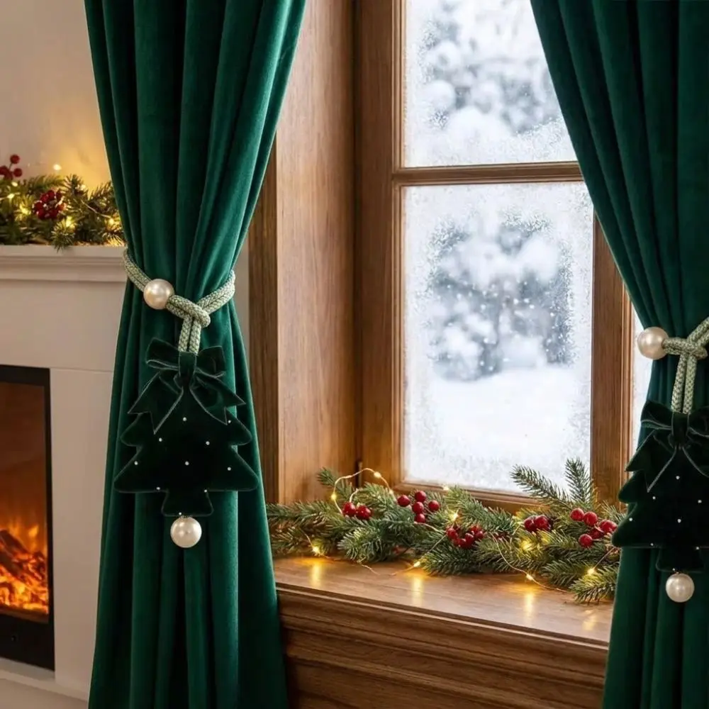 2Pcs Adjustable Christmas Tree Curtain Tieback Pearl Bow Shape-Retentive Holiday Fabric Curtain Holder Braided Cord