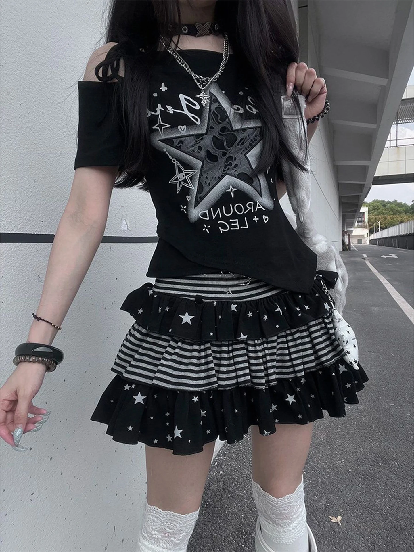 Black Stripe Star Puffy Skirt Half-length Women's Summer Anti-exposure TPU Sequin Cake Short Skirt Retro Commute Breathable