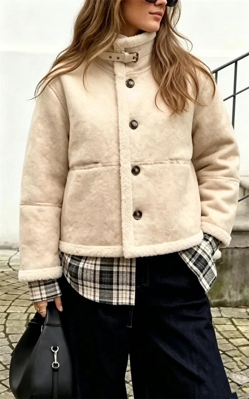 Guobioziy Women's Jacket 2026 Autumn/Winter New Casual Long-Sleeve Loose Faux Wool All-in-One Stand Collar Jacket Parka