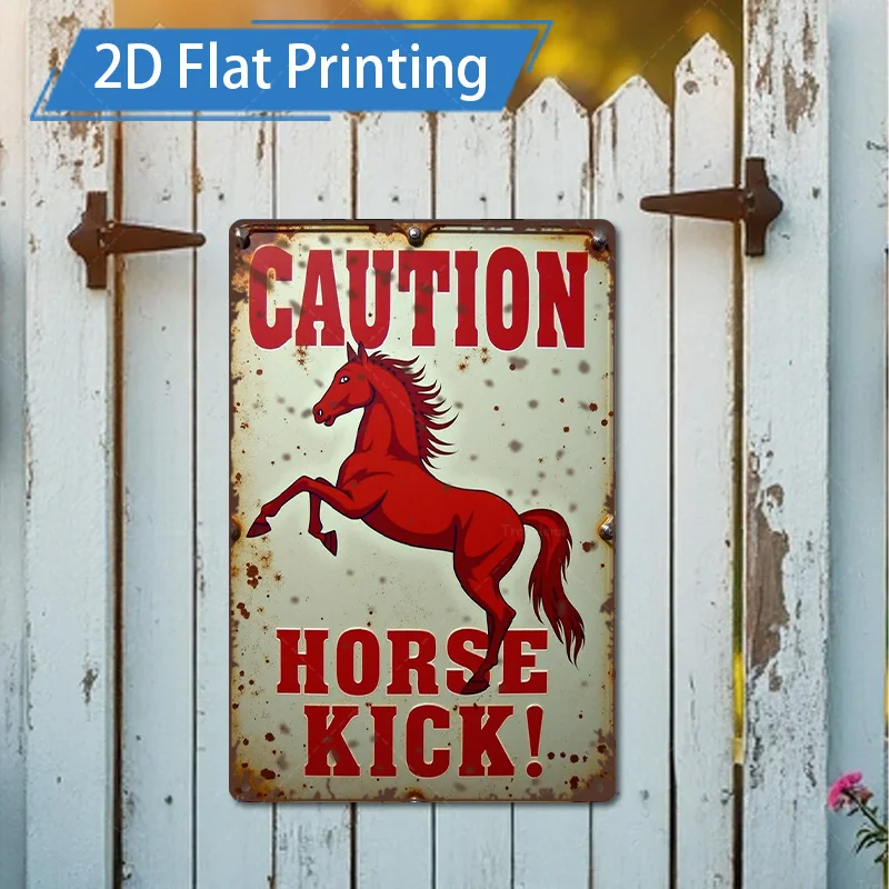 [2D FLAT] علامة معدنية مكونة من قطعة واحدة، علامة تحذير ركلة الحصان الريفي مقاس 8 × 12 بوصة لديكور المزرعة