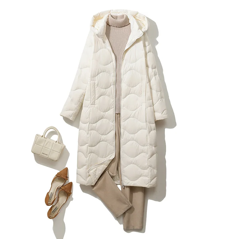 NewLightweight أسفل سترة النساء فوق الركبة تكبير مقنعين زراعة نفسك تظهر قبالة الوزن الدفء الأبيض بطة أسفل سترة #3