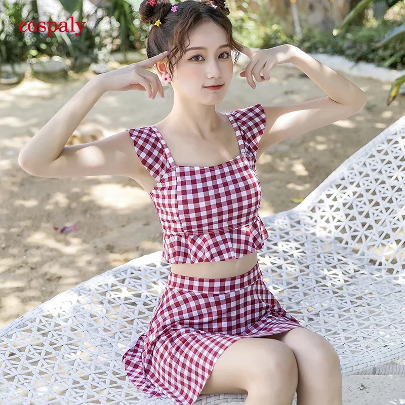 A Swimsuit Women Bikini Monokini Two Pieces Set Korean Style Kawaii Dress Push Up Swim Skirt Plaid Swimsuit Beachwear 2022 Summe