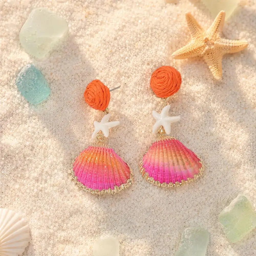 Edge Earrings Colorful Macaron Earrings Boho Raffia Dangle Earrings for Women Handmade Rattan Hoop Jewelry Set Beach Starfish