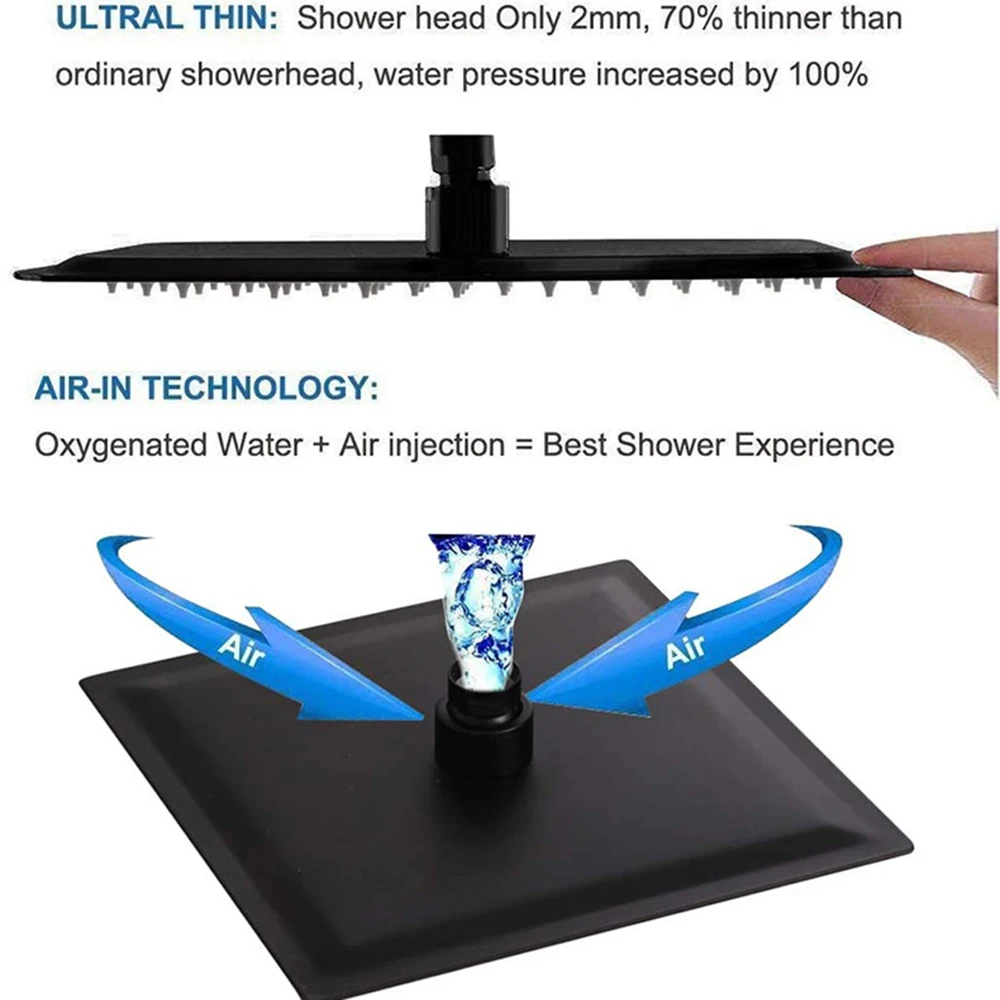 Matte Black Rainfall Shower Head 304 Stainless Steel Top  Bathroom Shower  10 Inch Square Without Arm