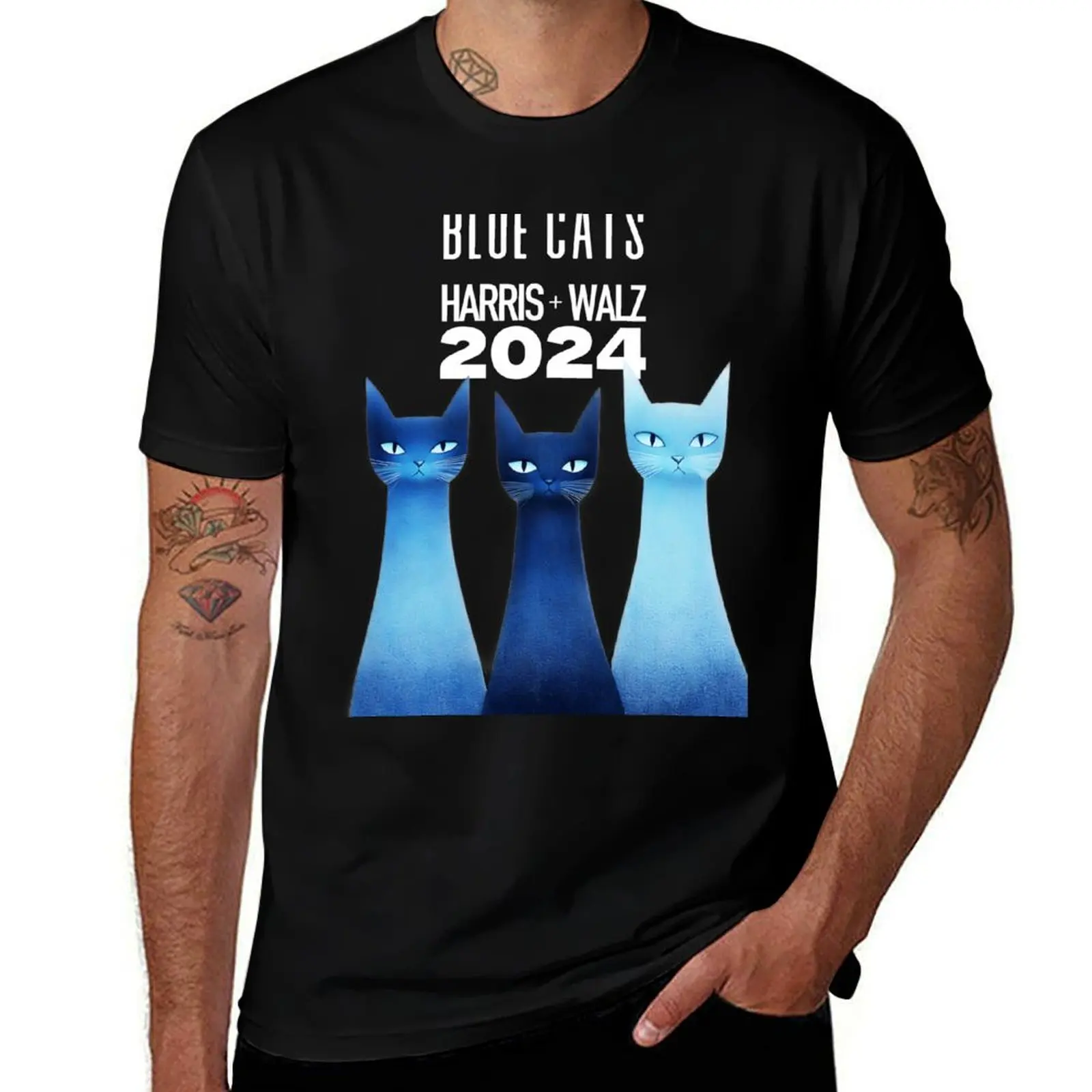 Blue Cats : Les amoureuses des chats, joyeuses !… Paws for Unity Harris Walz 2024 sur un t-shirt à fond foncé, t-shirt d'été au toucher frais