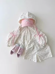 Conjunto de ropa de manga larga para bebé, cárdigan con capucha y pantalones cortos, traje de 2 piezas, trajes con lazo Floral, novedad de verano 2024