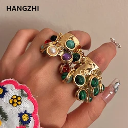 HangZhi Natural Stone Tassel Opening Rings for Women Multi Pendant Exaggerated Wide Vintage Chunky Large Jewelry Gift New Design