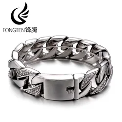 Fongten 22cm Cuban Chain Bracelets For Men Zircon Stainless Steel Chain Wrist Bracelets Gothic Male Bangle Silver Color Jewelry