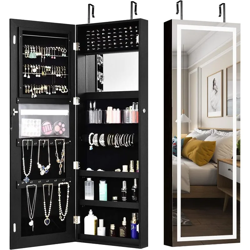 LED Mirror Jewelry Cabinet, Wall Door Mounted Jewelry Organizer w/ 3-Color LED Lights, Full Length Mirror with Jewelry