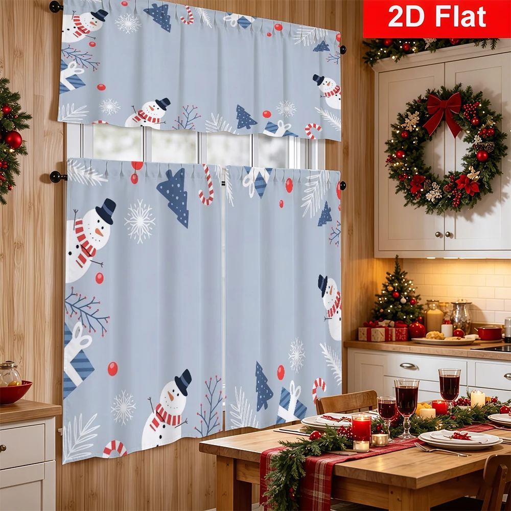 Christmas Kitchen Curtains, Blue Snowman Gift Tree Border, Digital Print, Kitchen Dining Room, Rod Pocket Polyester, Home Decor