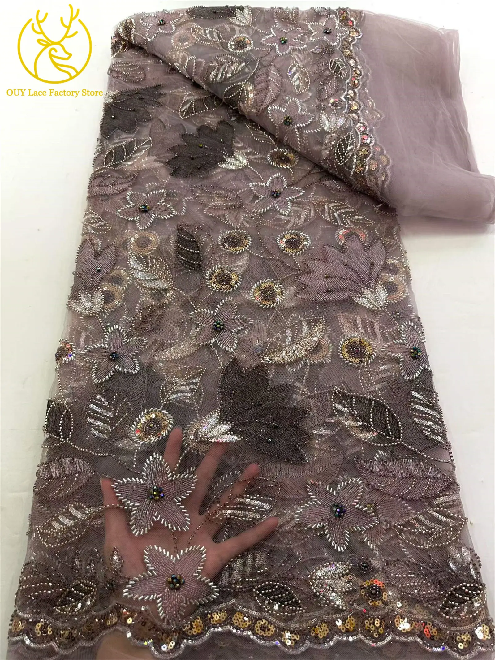 Neuer Stil: Brautkleid-Spitzenstoff mit Perlenstickerei 2026, Silberner Tüll mit Pailletten, Afrikanischer Netzstoff für Hochzeits- und Abendkleider zum Nähen – Detail 12