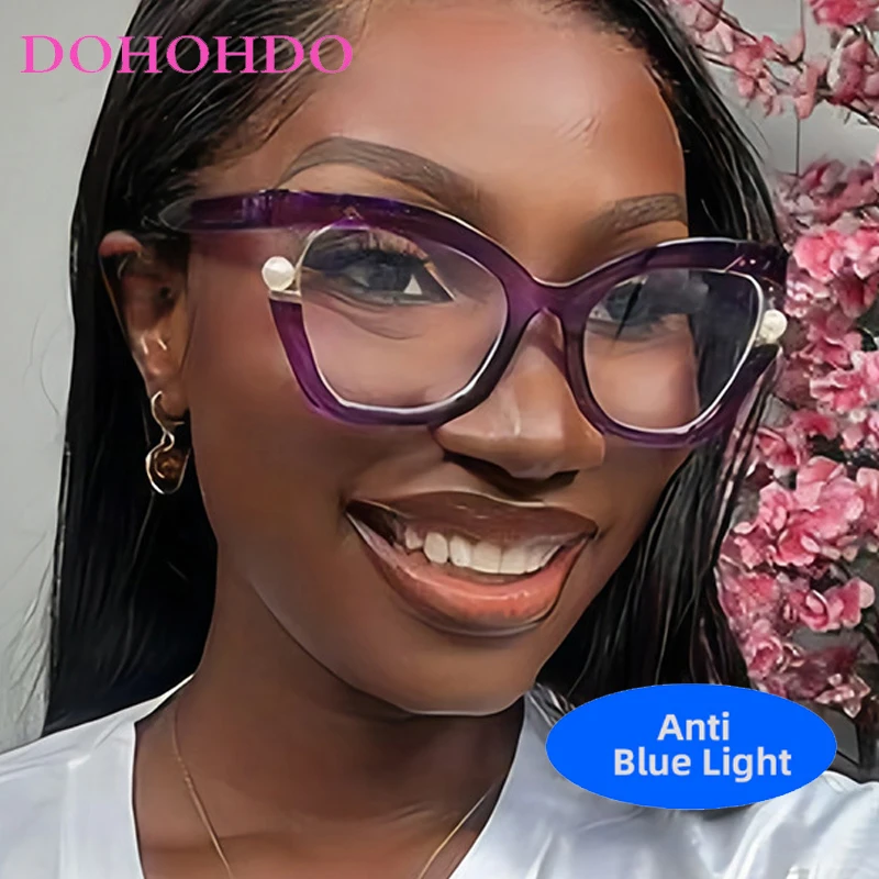 Trend Large Frame Cat Eye Pearl Decoration Glasses Women Men Fashion Brand DesignerComputer Anti-Blue Light Eyeglasses Frame