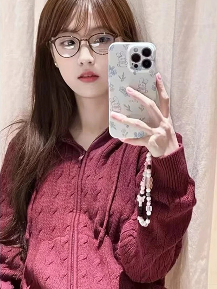 Casual Women Fashion Solid Hooded Knit Cardigan 2023 Autumn Vintage Ladies Pocket Soft Sweaters Female Chic Long Sleeve Tops