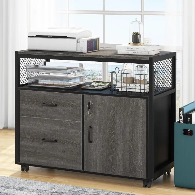 Modern File Cabinet with Drawers for Letter-Size,Lockable lateral Filing Cabinet Printer Stand with Door& Caster for Home Office